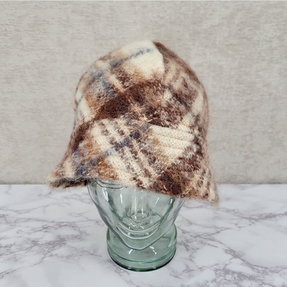 The Scotch House Plaid Mohair and Wool Bucket Hat Brown Cream Vintage
